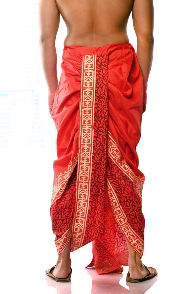 Oblik's Red 010 Hand Block Print Dupion Silk Dhoti For Men
