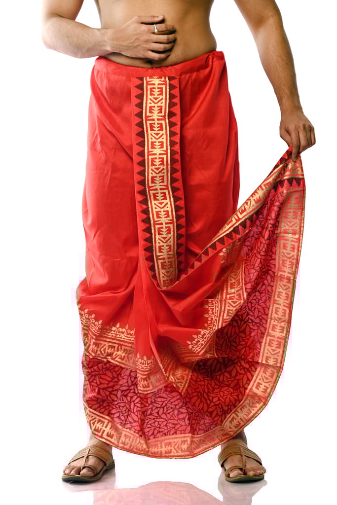 Oblik's Red 010 Hand Block Print Dupion Silk Dhoti For Men