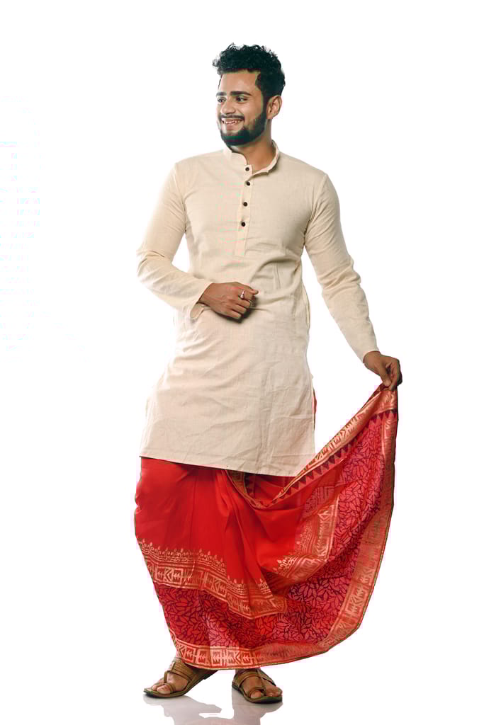Oblik's Red 010 Hand Block Print Dupion Silk Dhoti For Men