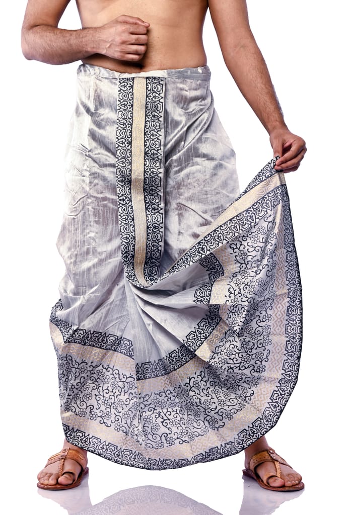 Oblik's Silver 011 Hand Block Print Dupion Silk Dhoti For Men