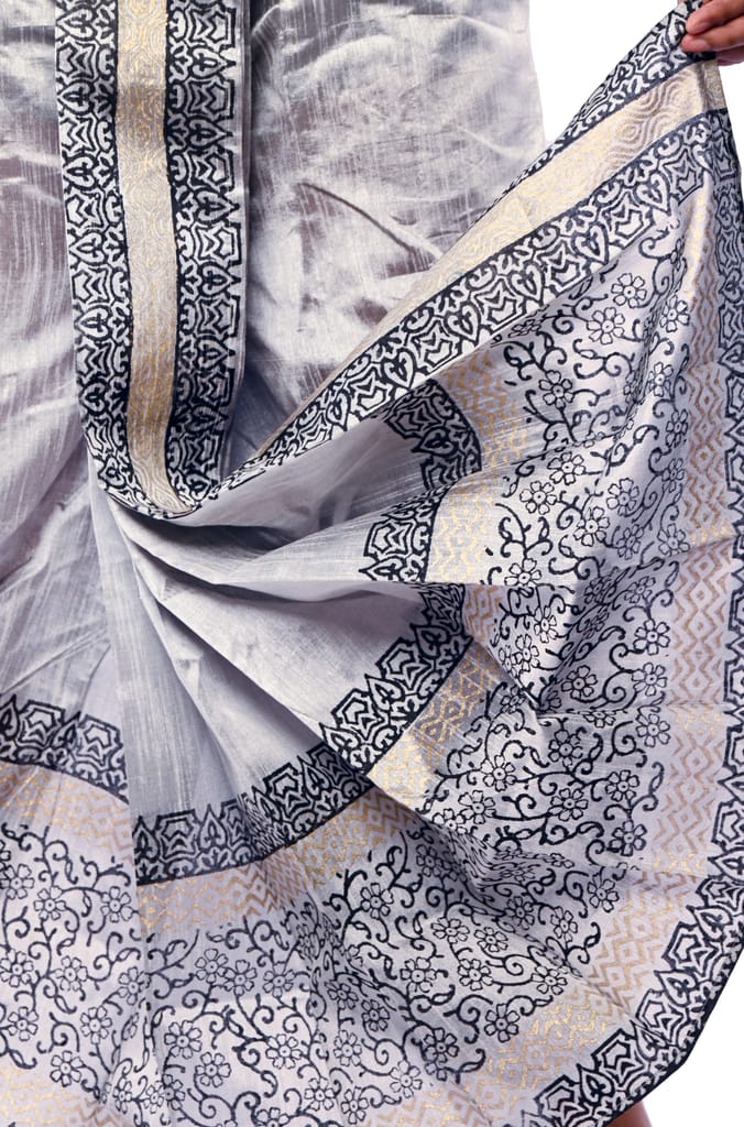 Oblik's Silver 011 Hand Block Print Dupion Silk Dhoti For Men