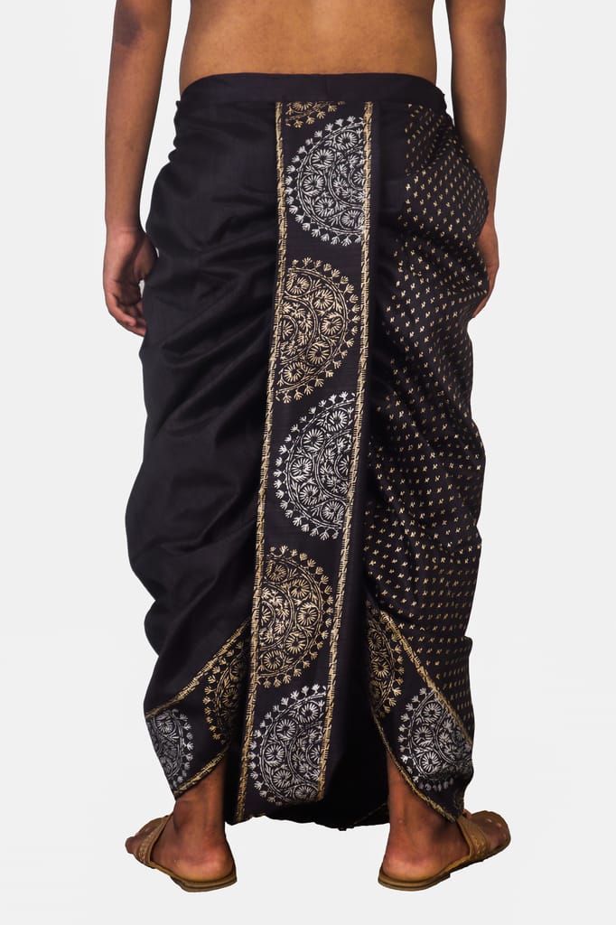 Oblik's Black 012 Hand Block Print Dupion Silk Dhoti For Men