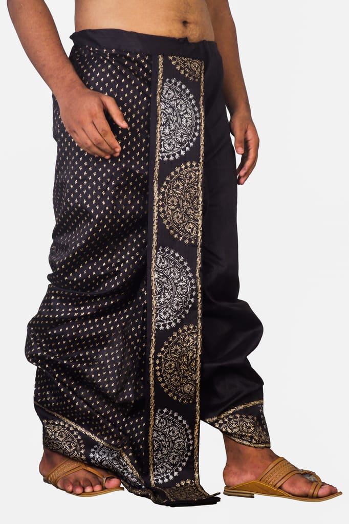 Oblik's Black 012 Hand Block Print Dupion Silk Dhoti For Men