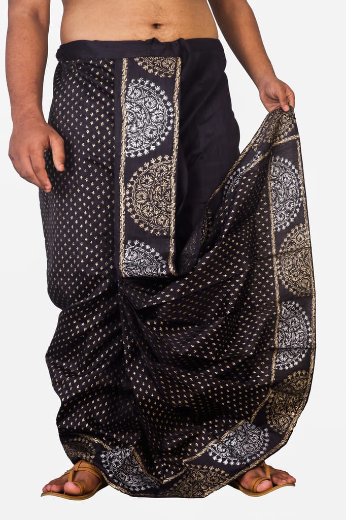 Oblik's Black 012 Hand Block Print Dupion Silk Dhoti For Men