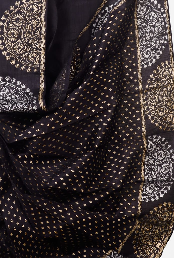 Oblik's Black 012 Hand Block Print Dupion Silk Dhoti For Men