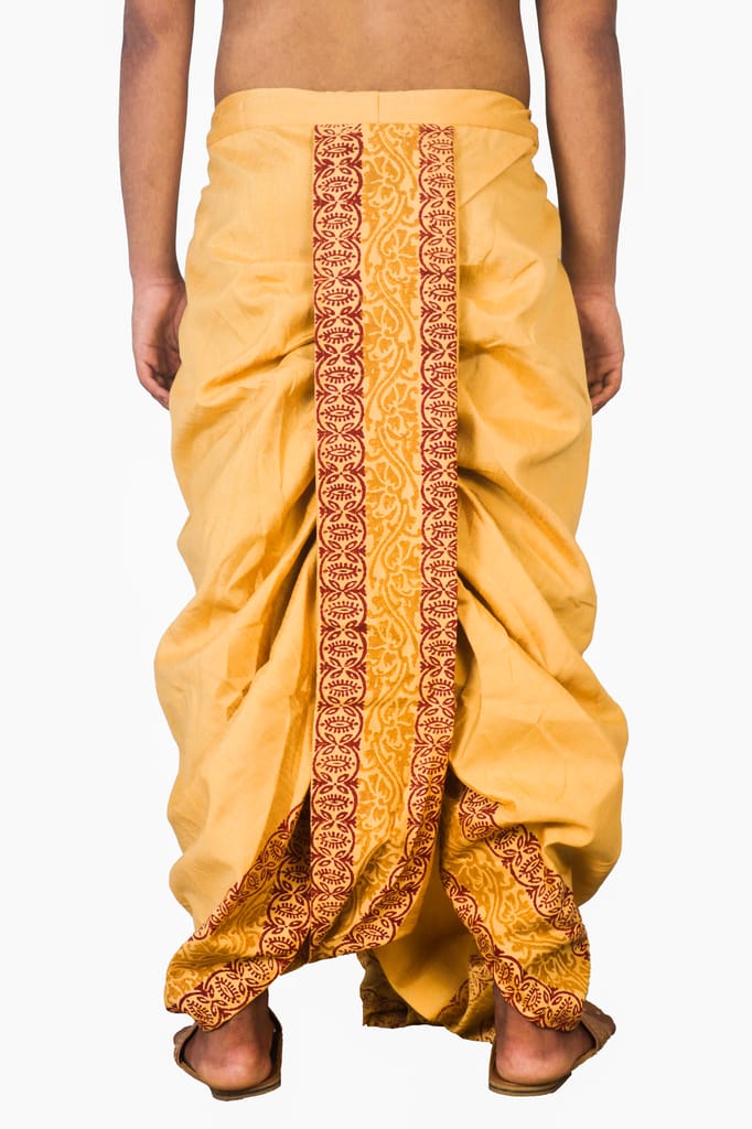 Oblik's Mustard 013 Hand Block Print Dupion Silk Dhoti For Men