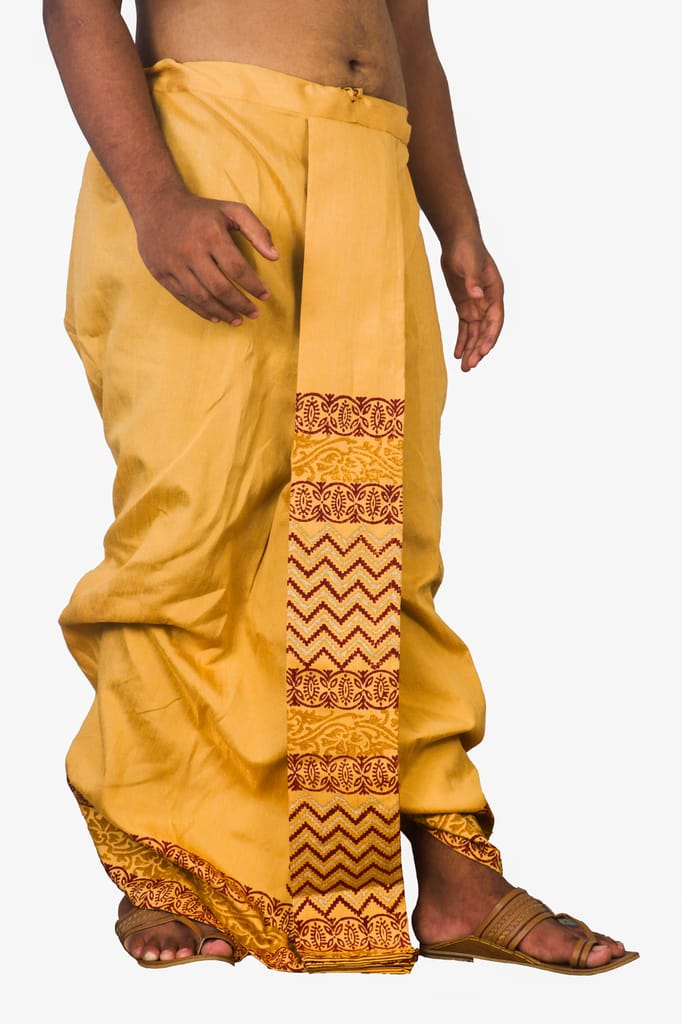 Oblik's Mustard 013 Hand Block Print Dupion Silk Dhoti For Men