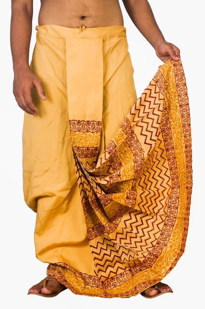 Oblik's Mustard 013 Hand Block Print Dupion Silk Dhoti For Men