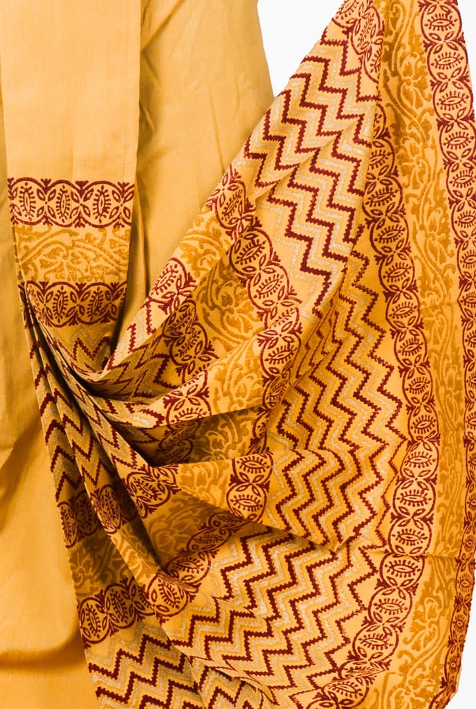 Oblik's Mustard 013 Hand Block Print Dupion Silk Dhoti For Men