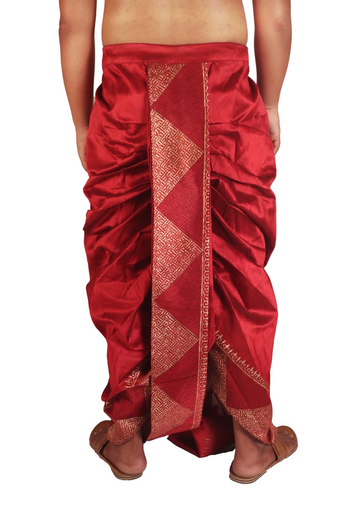 Oblik's Maroon 014 Hand Block Print Dupion Silk Dhoti For Men