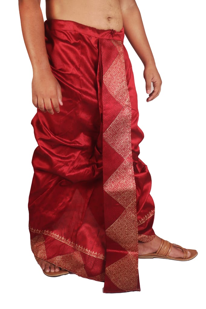 Oblik's Maroon 014 Hand Block Print Dupion Silk Dhoti For Men