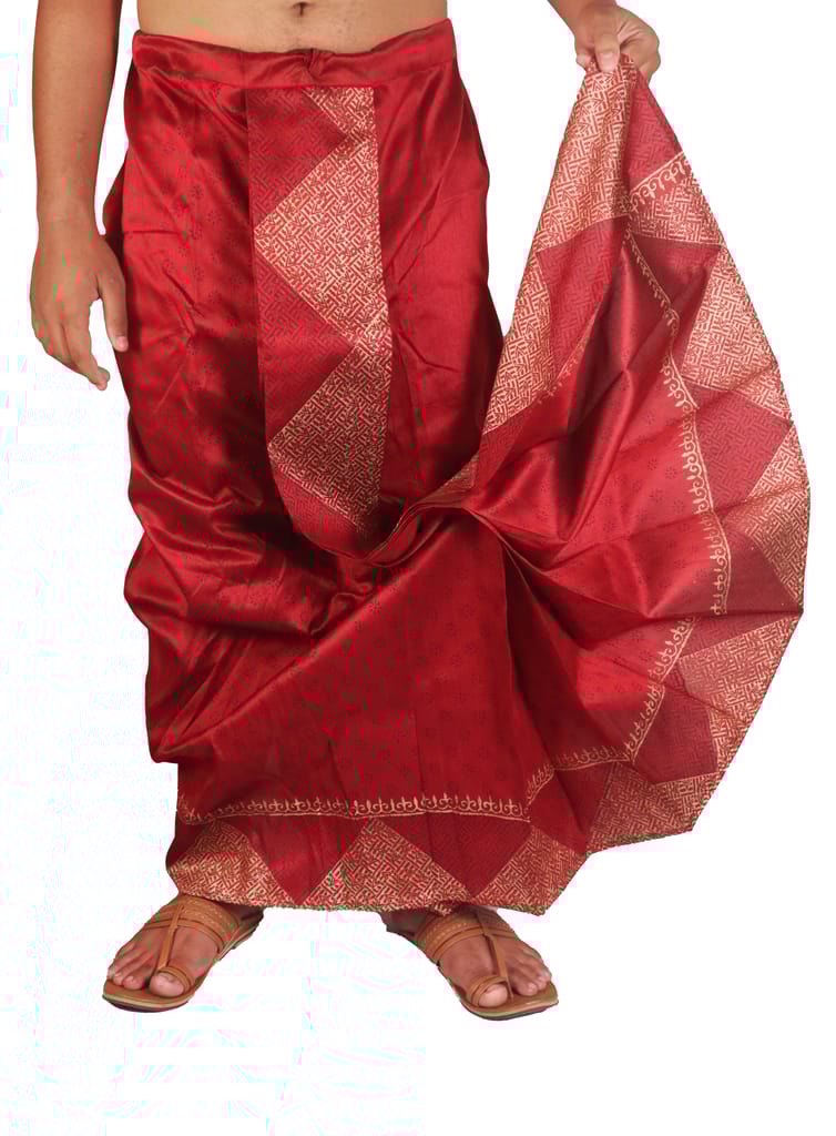 Oblik's Maroon 014 Hand Block Print Dupion Silk Dhoti For Men