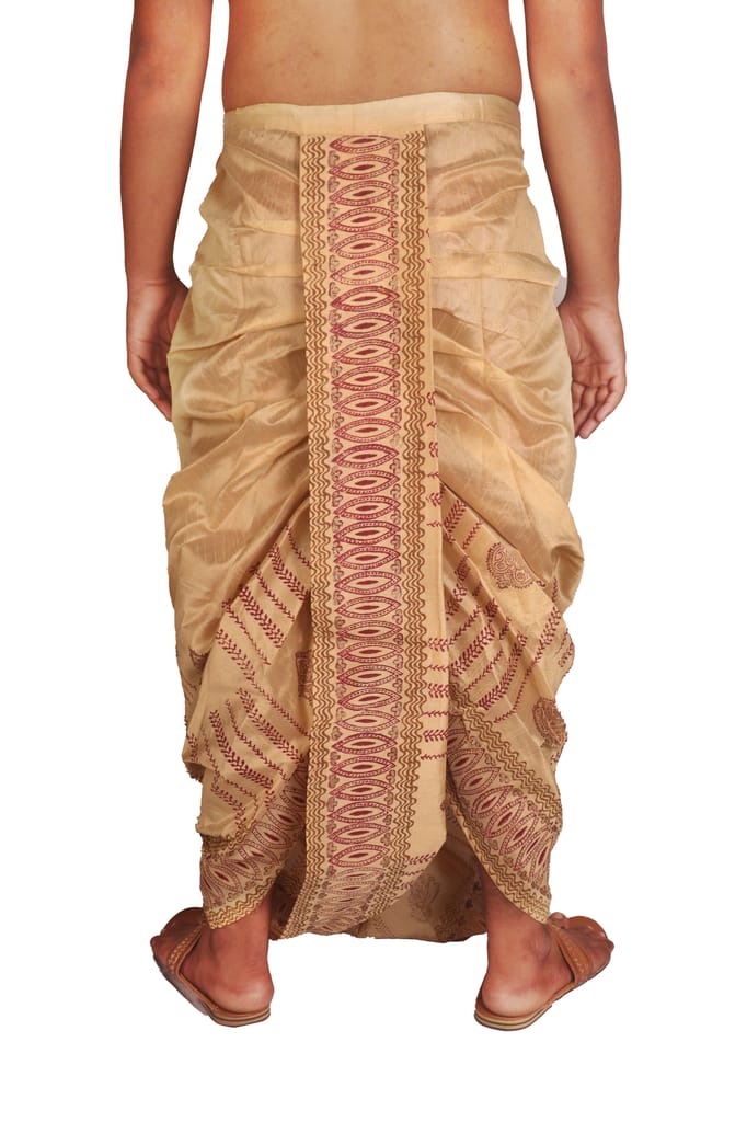 Oblik's Beige 015 Hand Block Print Dupion Silk Dhoti For Men