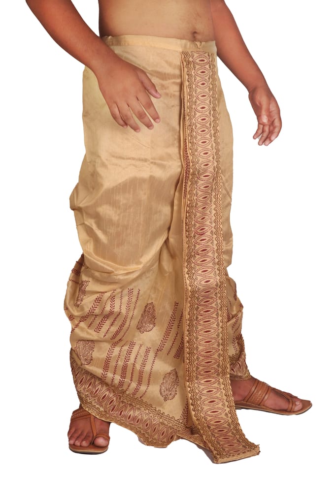 Oblik's Beige 015 Hand Block Print Dupion Silk Dhoti For Men