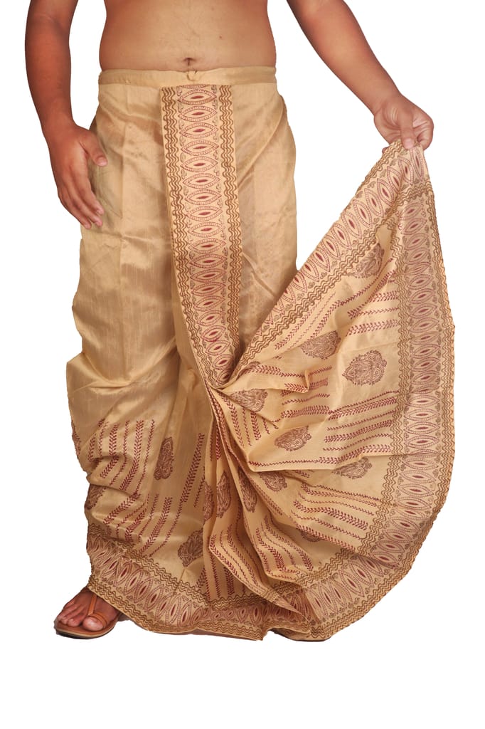 Oblik's Beige 015 Hand Block Print Dupion Silk Dhoti For Men