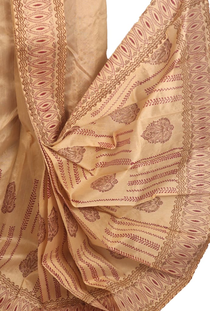 Oblik's Beige 015 Hand Block Print Dupion Silk Dhoti For Men