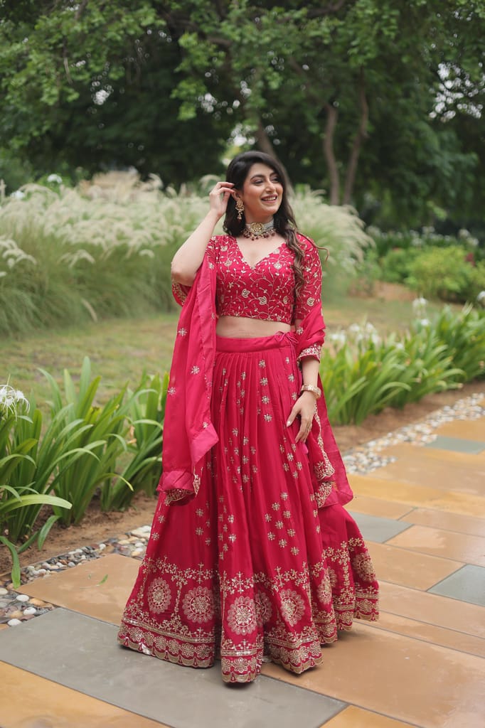 Reddish Pink Lehenga Choli Readymade Stitched For Wedding Women Party Skirt Ready To Wear