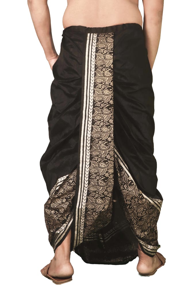 Oblik's Black 016 Hand Block Print Dupion Silk Dhoti For Men