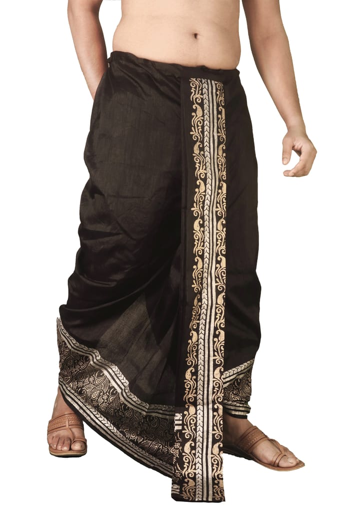 Oblik's Black 016 Hand Block Print Dupion Silk Dhoti For Men