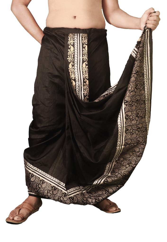 Oblik's Black 016 Hand Block Print Dupion Silk Dhoti For Men