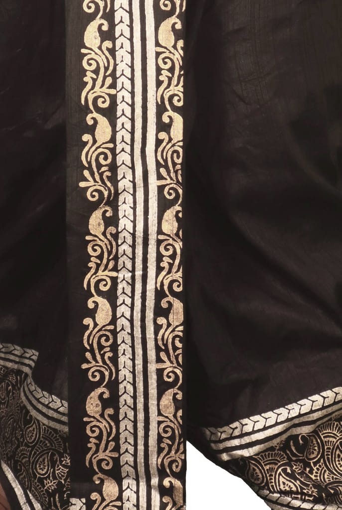 Oblik's Black 016 Hand Block Print Dupion Silk Dhoti For Men