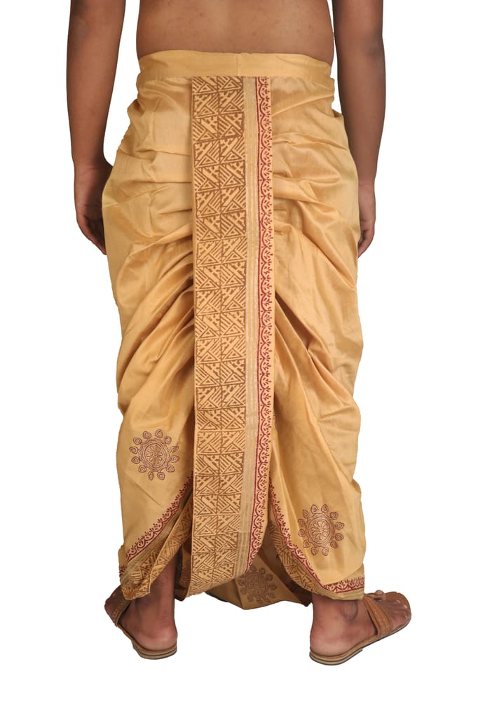Oblik's Tasar 017 Hand Block Print Dupion Silk Dhoti For Men