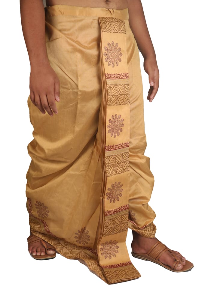 Oblik's Tasar 017 Hand Block Print Dupion Silk Dhoti For Men