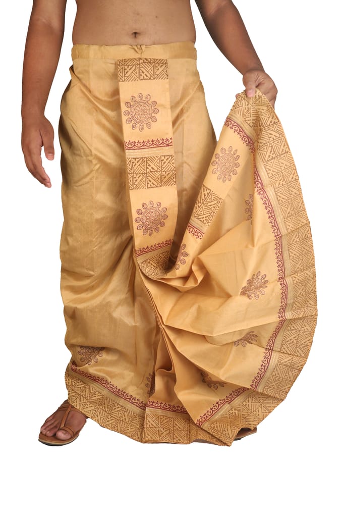 Oblik's Tasar 017 Hand Block Print Dupion Silk Dhoti For Men