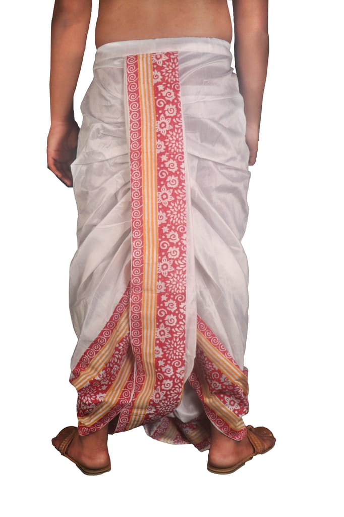 Oblik's White 018 Hand Block Print Dupion Silk Dhoti For Men