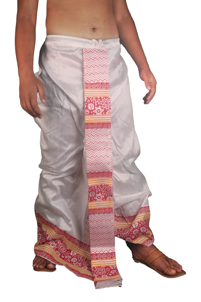 Oblik's White 018 Hand Block Print Dupion Silk Dhoti For Men