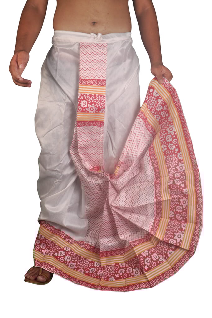 Oblik's White 018 Hand Block Print Dupion Silk Dhoti For Men