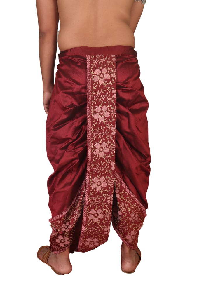 Oblik's Wine 019 Hand Block Print Dupion Silk Dhoti For Men