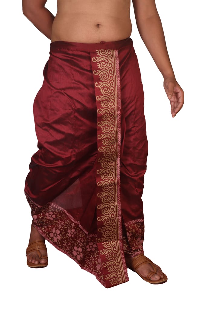 Oblik's Wine 019 Hand Block Print Dupion Silk Dhoti For Men