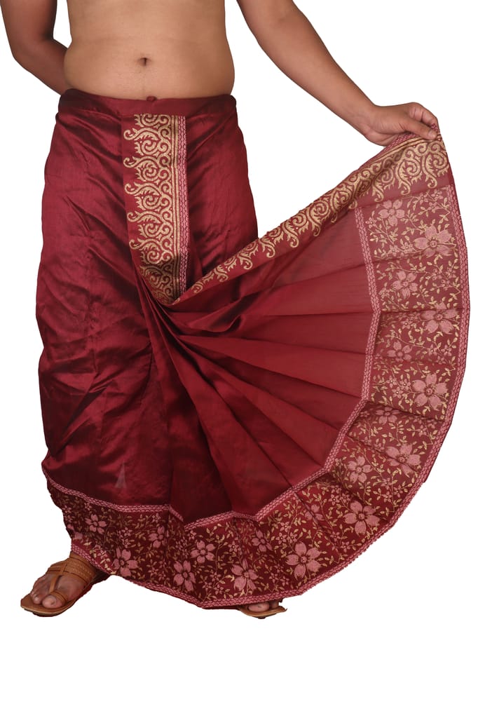 Oblik's Wine 019 Hand Block Print Dupion Silk Dhoti For Men