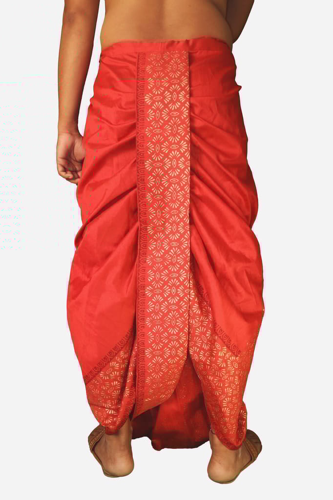 Oblik's Maroon 020 Hand Block Print Dupion Silk Dhoti For Men