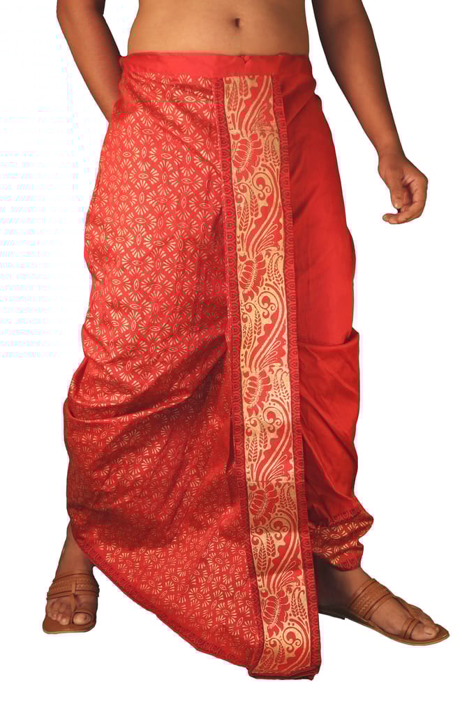 Oblik's Maroon 020 Hand Block Print Dupion Silk Dhoti For Men