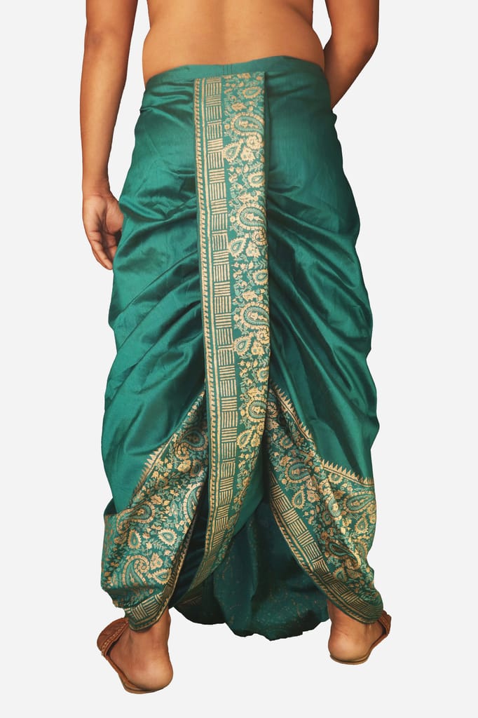 Oblik's Deep Green 021 Hand Block Print Dupion Silk Dhoti For Men