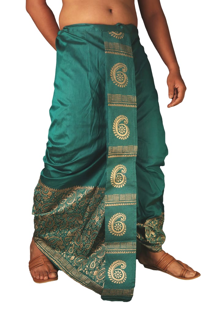 Oblik's Deep Green 021 Hand Block Print Dupion Silk Dhoti For Men