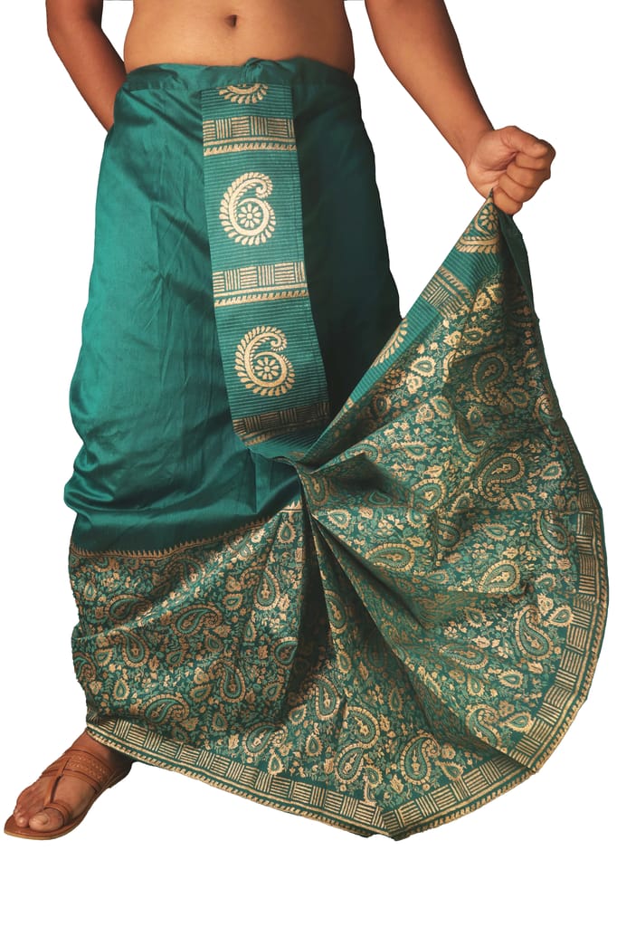 Oblik's Deep Green 021 Hand Block Print Dupion Silk Dhoti For Men