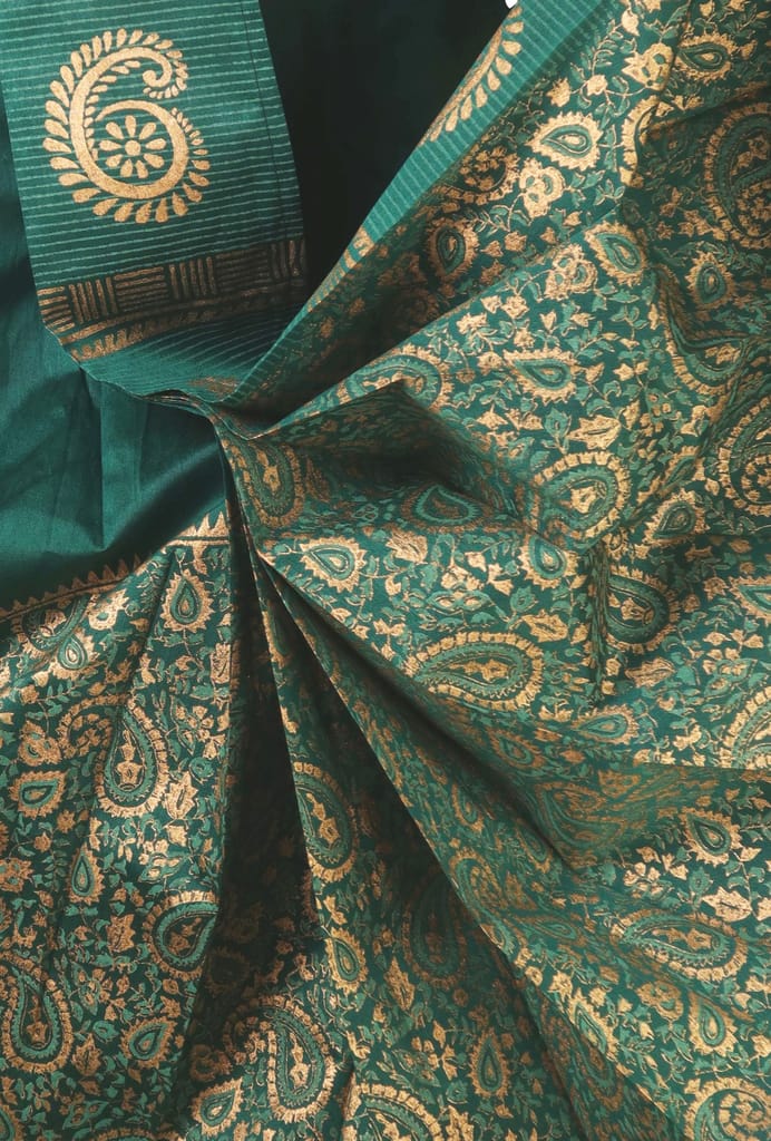 Oblik's Deep Green 021 Hand Block Print Dupion Silk Dhoti For Men