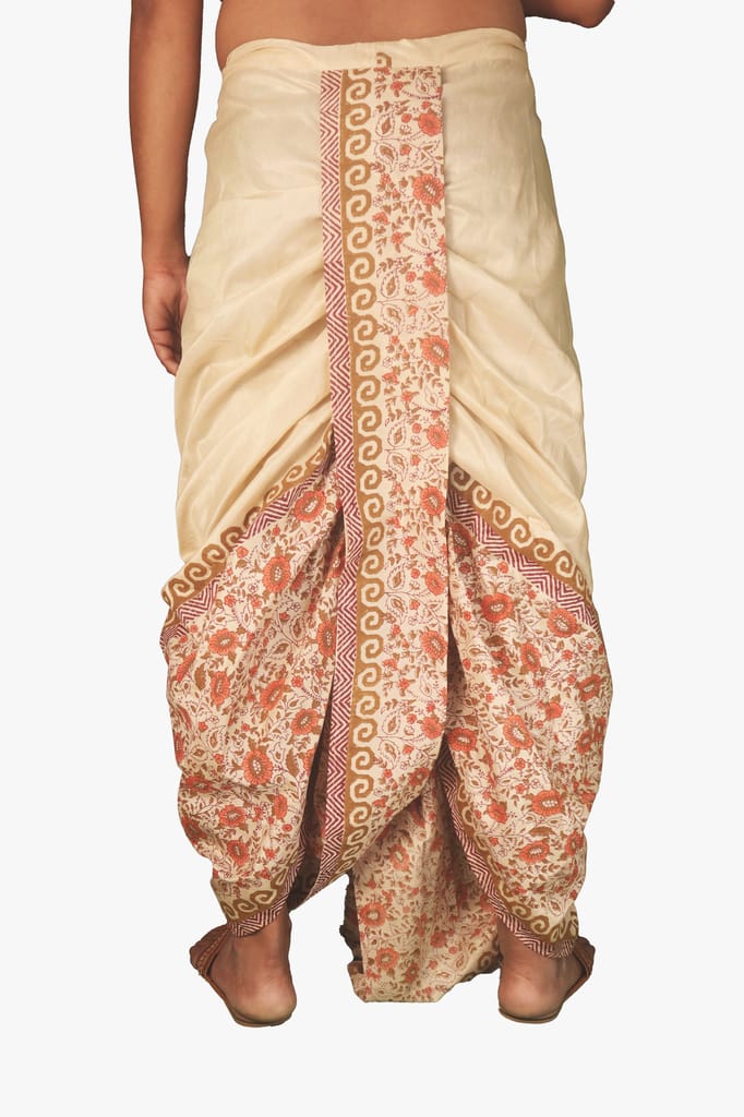 Oblik's Cream 022 Hand Block Print Dupion Silk Dhoti For Men