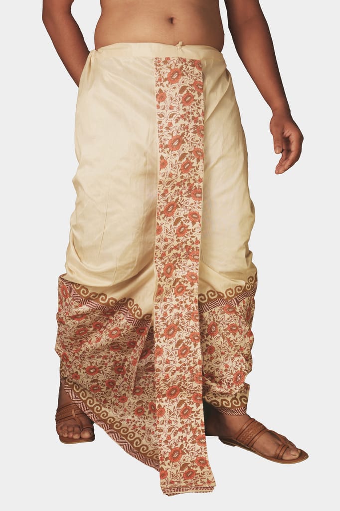 Oblik's Cream 022 Hand Block Print Dupion Silk Dhoti For Men