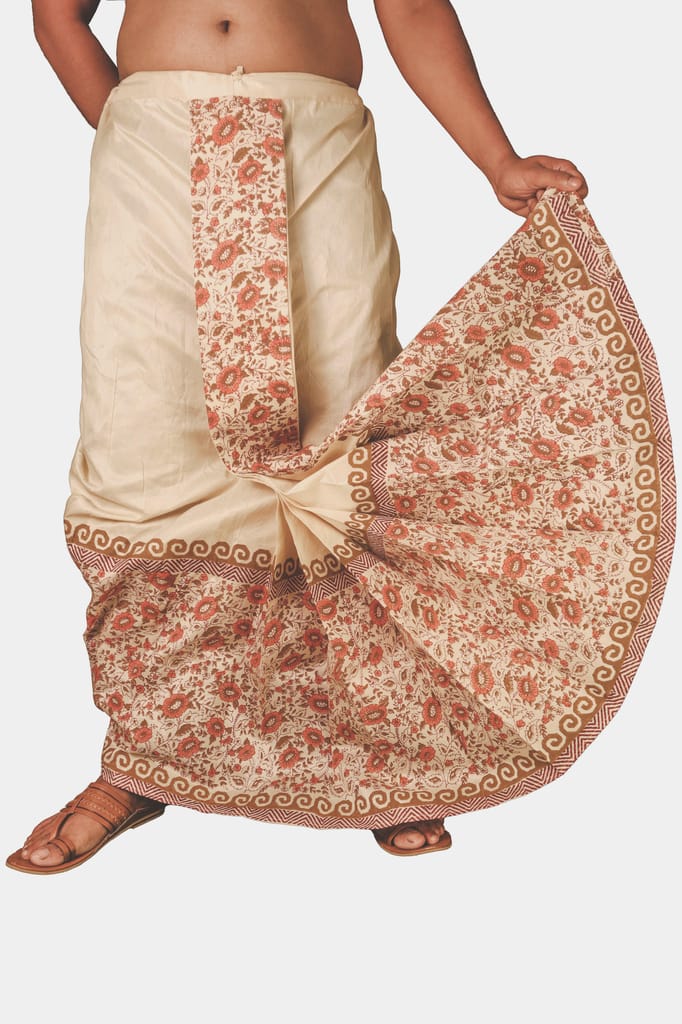 Oblik's Cream 022 Hand Block Print Dupion Silk Dhoti For Men