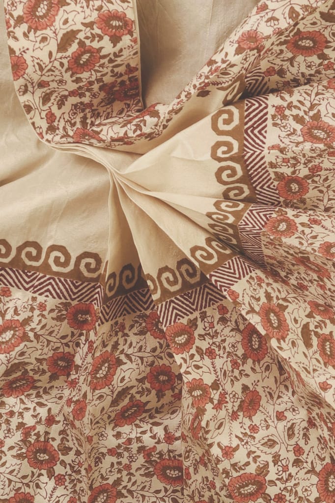 Oblik's Cream 022 Hand Block Print Dupion Silk Dhoti For Men