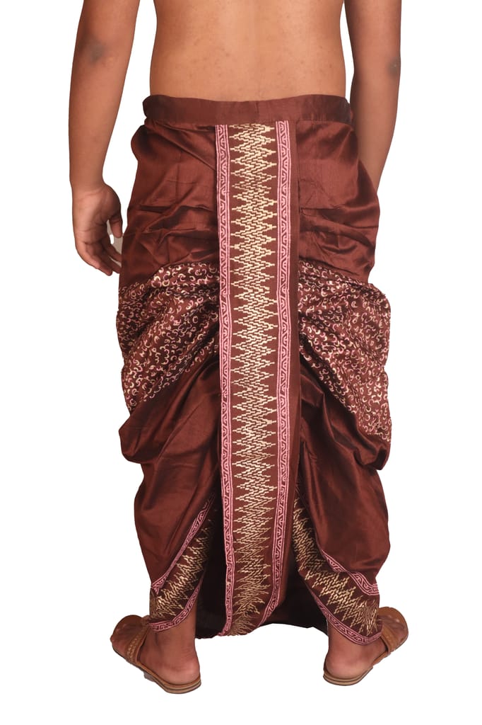 Oblik's Brown 023 Hand Block Print Dupion Silk Dhoti For Men