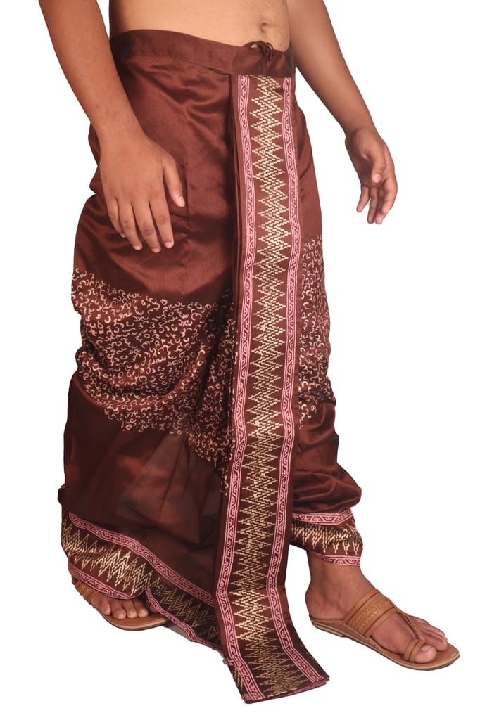 Oblik's Brown 023 Hand Block Print Dupion Silk Dhoti For Men