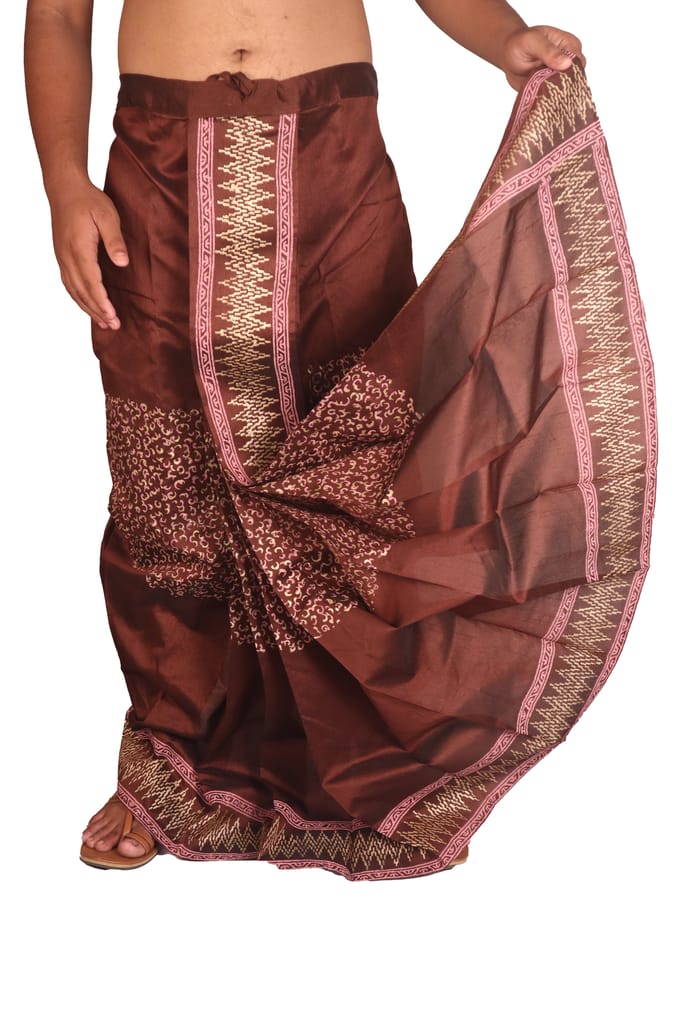 Oblik's Brown 023 Hand Block Print Dupion Silk Dhoti For Men