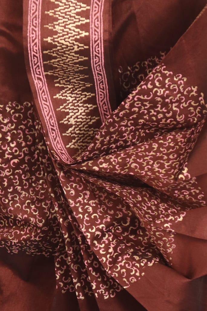 Oblik's Brown 023 Hand Block Print Dupion Silk Dhoti For Men