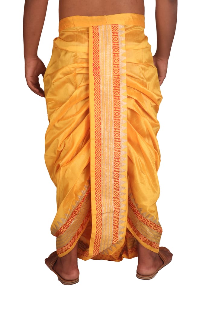 Oblik's Golden Yellow 024 Hand Block Print Dupion Silk Dhoti For Men
