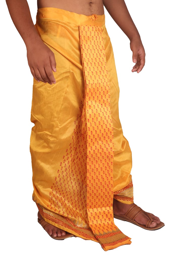 Oblik's Golden Yellow 024 Hand Block Print Dupion Silk Dhoti For Men